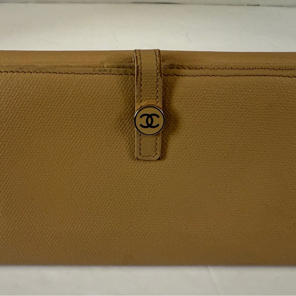CHANEL Long Wallet Double Sided Snap‎ Button Beige Leather Authentic